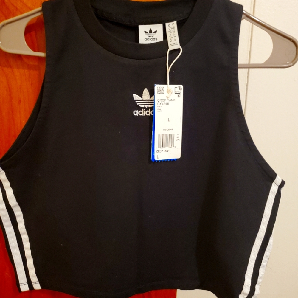 Adidas three stripped black crop tank size L